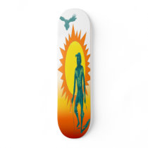 Original man aginst a raw sun with a totem owl skate board