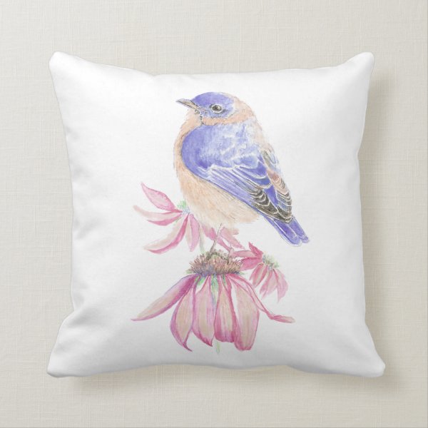 Original Watercolor Bluebird on Echinacea Flower Throw Pillow