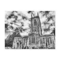 Orlingbury church (Black and White) art postcard postcards