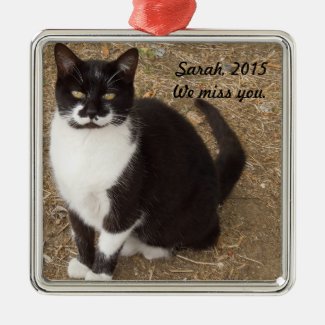 Ornament: Black Tuxedo Cat Sitting Square Metal Christmas Ornament