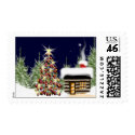 Winter Cabin Christmas Tree Postage Stamp