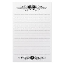 Ornament Monogram Black & White Ruled Stationery