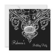 Ornate Black Silver Jewel 21st Elegant Birthday 2 Custom Invite