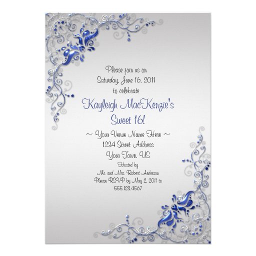 Ornate Blue Silver Swirls on Silver Sweet 16 Personalized Invites