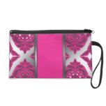 Ornate Damask Pink, Black, Silver Wristlet