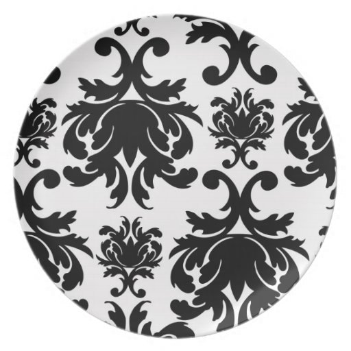 ornate formal black white damask dinner plates Zazzle