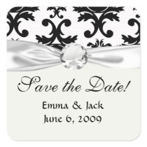 ornate formal black white damask square stickers
