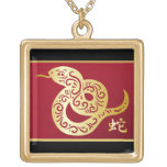 Ornate Golden Chinese Snake on Black and Red Custom Necklace