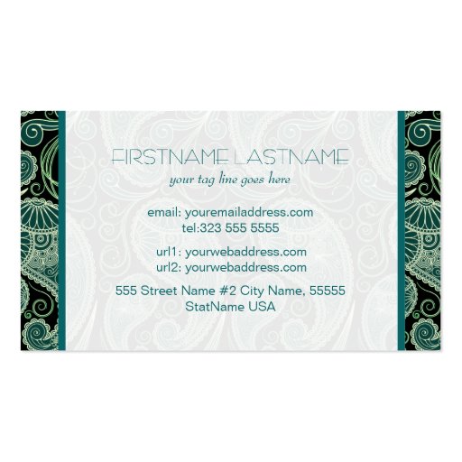 Ornate Green And Black Paisley Lace-Template Business Card Templates (back side)
