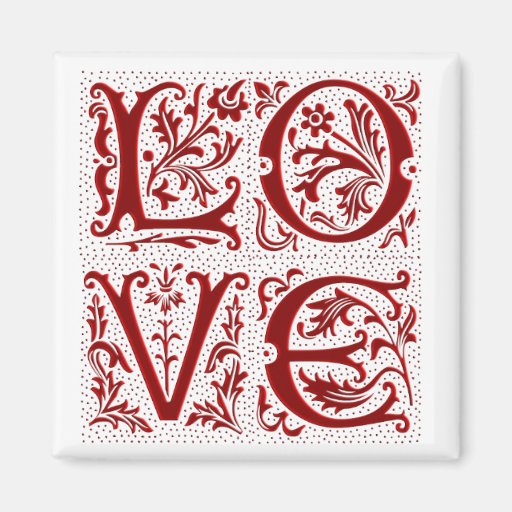 Ornate Love Text in Red Fridge Magnet