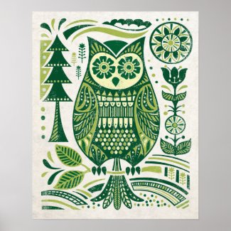 Ornate Owl Woodblock Poster