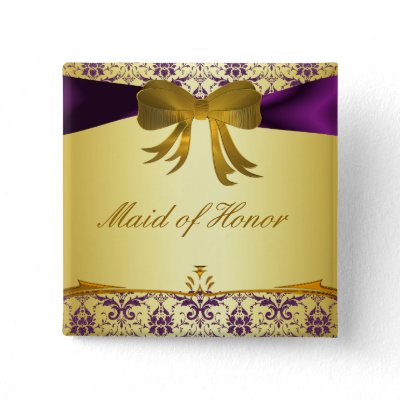 Ornate Purple Gold Damask Wedding Party Button/Pin