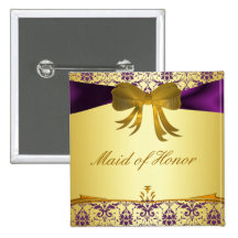 Ornate Purple Gold Damask Wedding Party Button/Pin