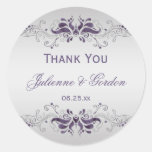 Ornate Purple Silver Swirls Round Wedding Favor stickers