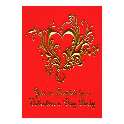 Ornate Scrolled Heart Metallic Gold on Bright Red Personalized Invite (front side)