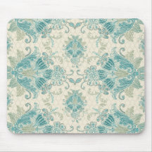 ornate teal green and cream damask pattern mouse pad