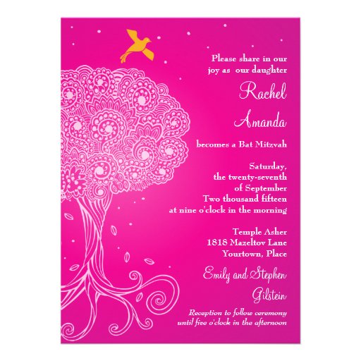 Ornate Tree of Life Pink Bat Mitzvah Invite (front side)
