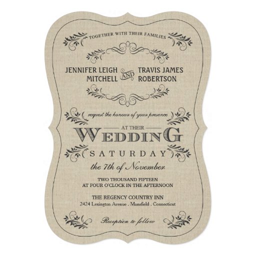 Ornate Vintage Flourish Burlap Wedding Invitations