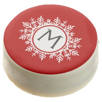 Ornate White Snowflake Monogram on Festive Red Chocolate Covered Oreo