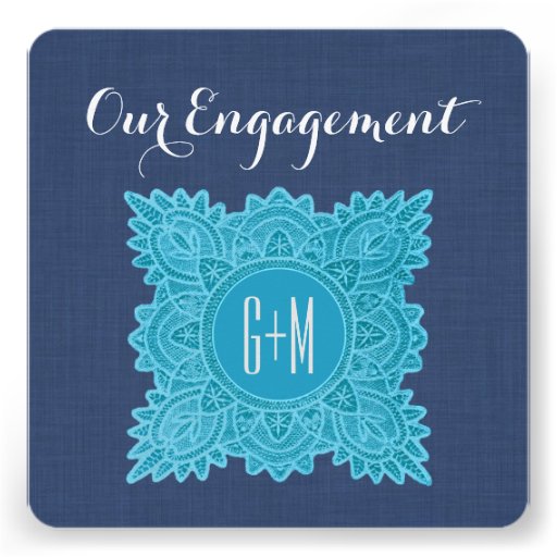 Our Engagement Aqua Lace Initials V09 NAVY BLUE Custom Announcement
