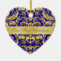 Our First Christmas Blue Gold Damask Ornament