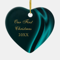 Our First Christmas Elegant Teal Silk Ornament