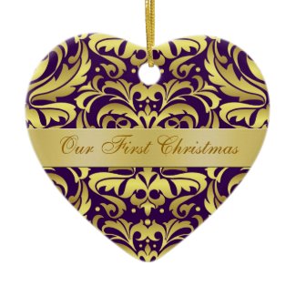 Our First Christmas Purple Gold Damask Ornament ornament