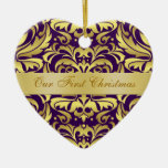 Our First Christmas Purple Gold Damask Ornament