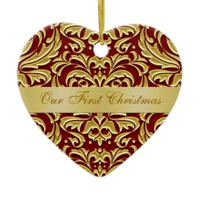 Our First Christmas Red Gold Damask Ornament