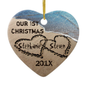 Our First Christmas Two Hearts In Sand Ornament