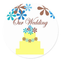 OUR WEDDING CAKE BLUE BROWN FLOWERS stickers