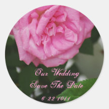 Our Wedding, save the date, pink rose Round Stickers