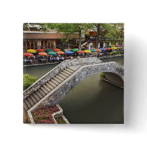 Outdoor cafe along River Walk and bridge over 2 Pinback Buttons