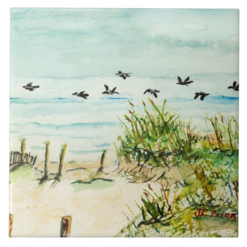 Outer Banks Sand Dunes and Seagulls Large Square Tile