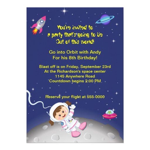 Outer Space Theme Girls Birthday Personalized Invites