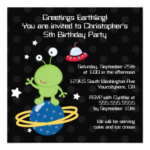 Outerspace alien boy's birthday party invitation