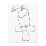 Outline art drawing of a Toucan bird on a branch postcards