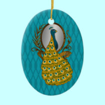 Oval Ornament with Peacock Admiring His Reflection ornaments