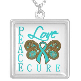 Ovarian Cancer Butterfly Peace Love Cure necklace