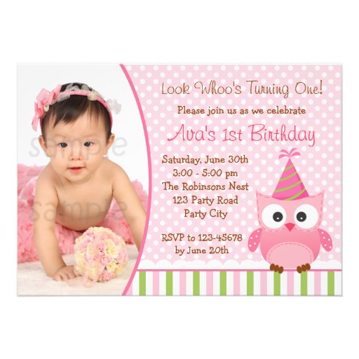 Owl 1st Birthday Invitation with Photo for Girls (front side)