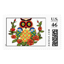 Owl and Roses Mexican style Stamp