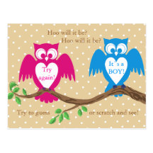 Owl baby shower gender reveal post card