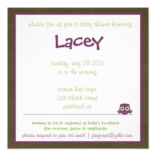 Owl Baby Shower | Girl >> brown, green & purple Invitation