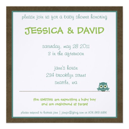 Owl Baby Shower | Green/Blue/Brown Boy Announcement