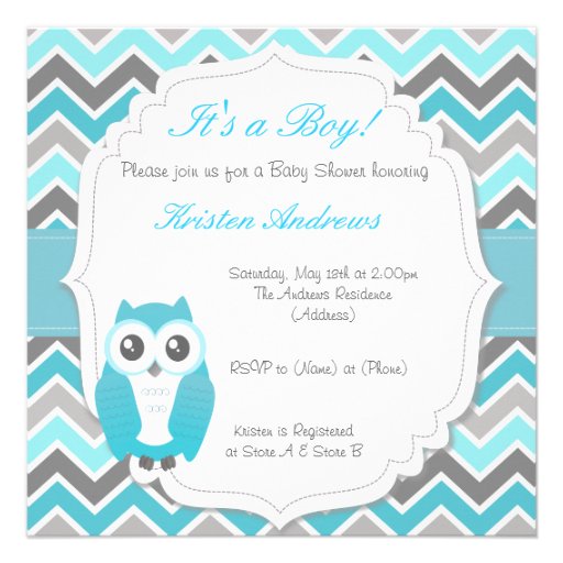 Owl Baby Shower Invitation Blue Chevron