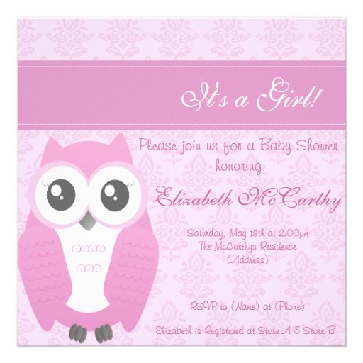 Owl Baby Shower Invitation Damask Pink