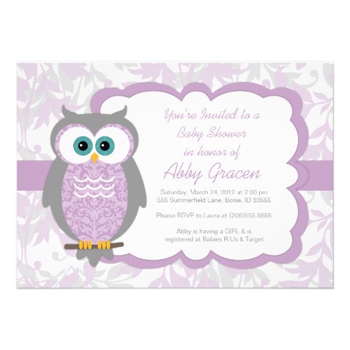 Owl Baby Shower Invitation for Girls, Purple - 730 (front side)