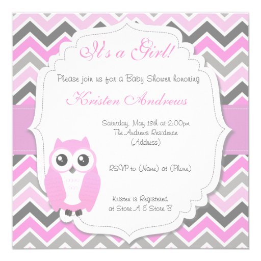 Owl Baby Shower Invitation Pink Chevron (front side)