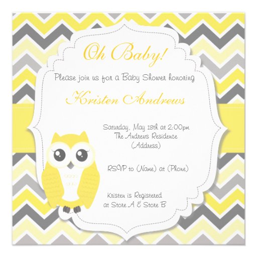 Owl Baby Shower Invitation Yellow Chevron (front side)