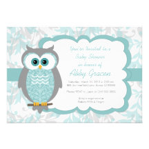 Owl Baby Shower Invitations, Aqua, Gray - 930
